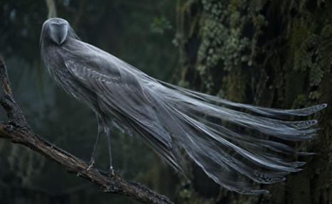 Ein KI-generierter Vogel mit langem silbrig-grauem Gefieder, aber ohne Gesicht, sitzt auf einem Ast eines Baumes