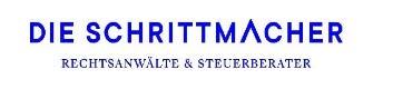 Ein blauer Schriftzug, lautend "DIE SCHRITTMACHER" mit einem zu einem Lambda-Zeichen stilisierten "A". Zentriert darunter ein kleinerer Schriftzug: "Rechtsanwälte und Steuerberater"