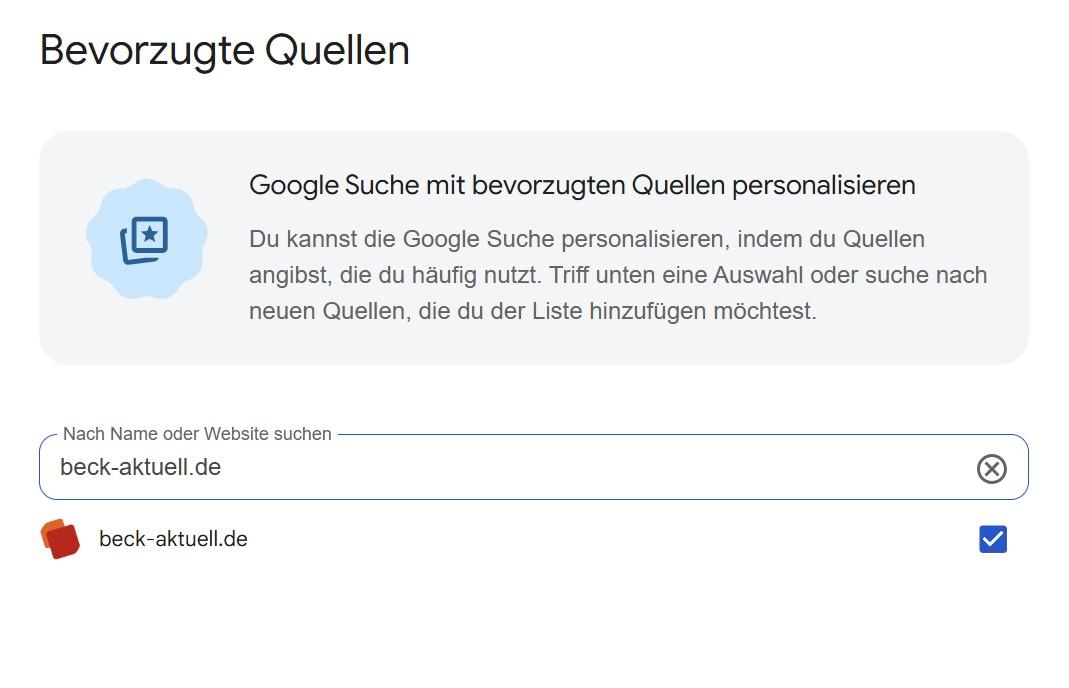 Screenshot von Einstellungen als "bevorzugte Quelle" in Google