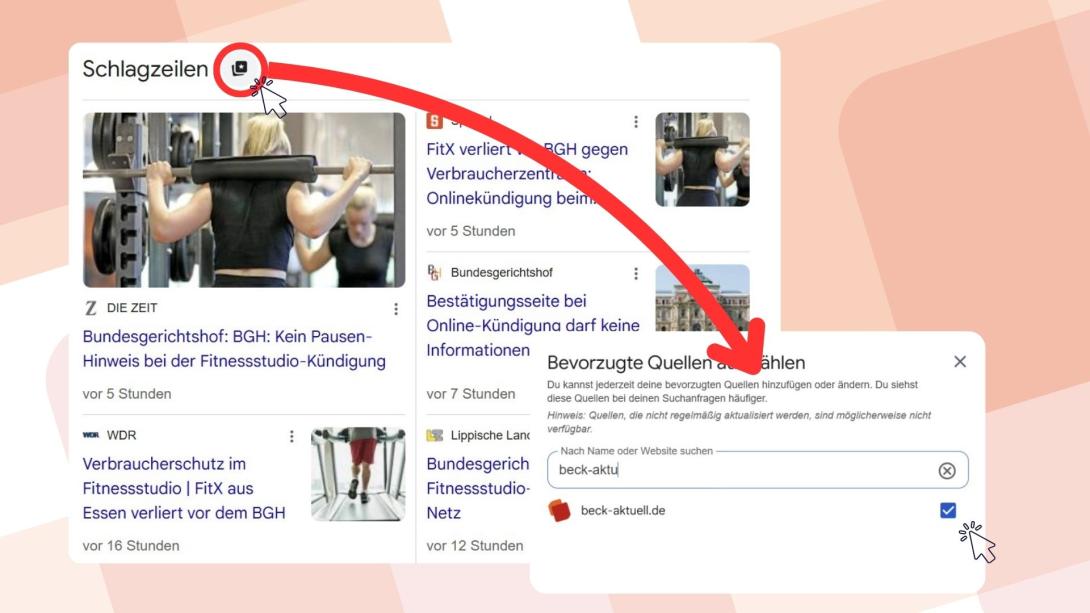 Screenshot von Google Schlagzeilen, mit Pfeil zu den Einstellungen als "bevorzugte Quelle" 